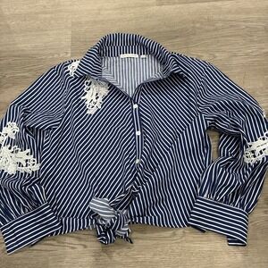 Notations Blue Striped Button Up Tie Waist Long Sleeve Tshirt Lace Embroidery L